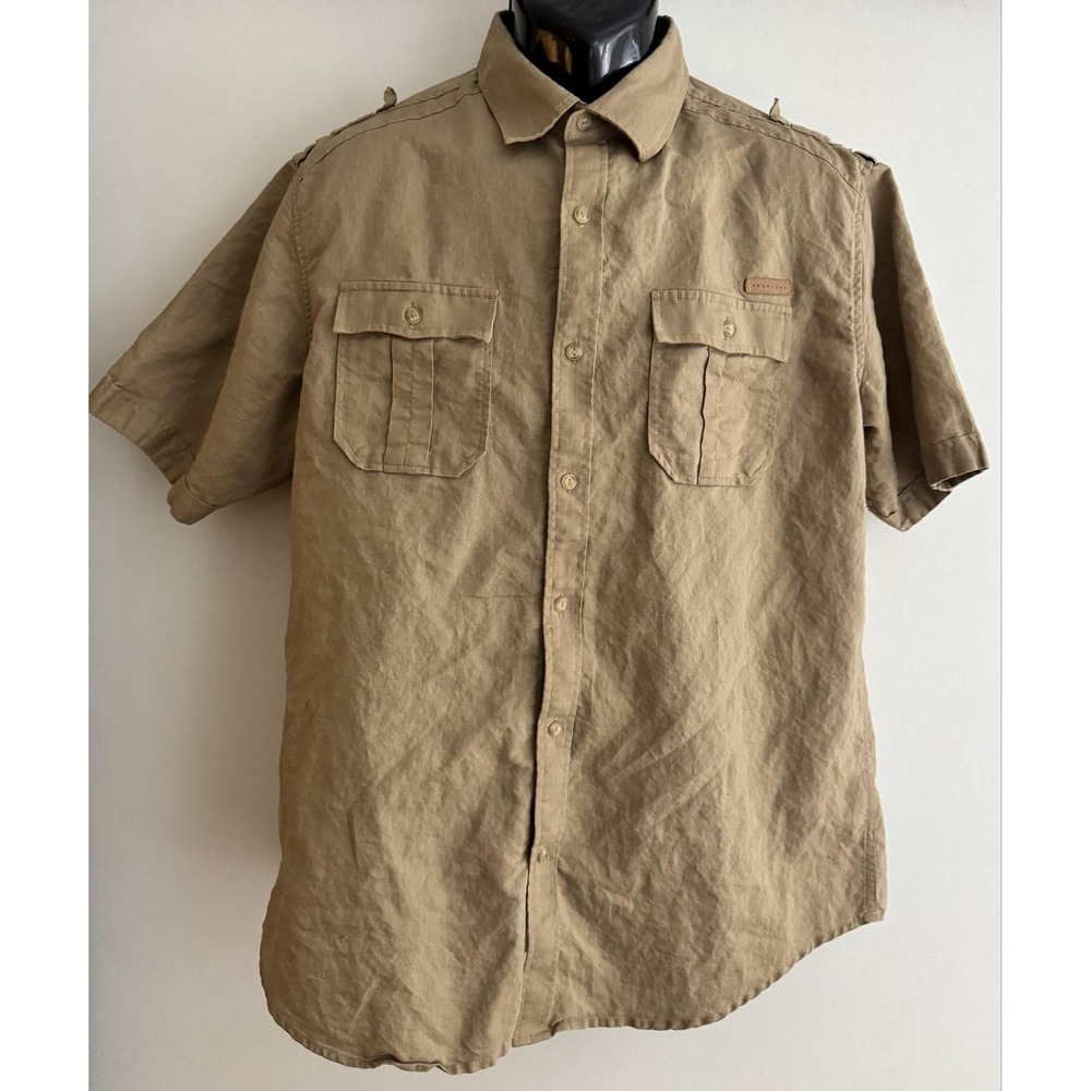 Sean John Shirt Mens L Beige Linen Blend Short Sleeve Utility Button-Up Casual